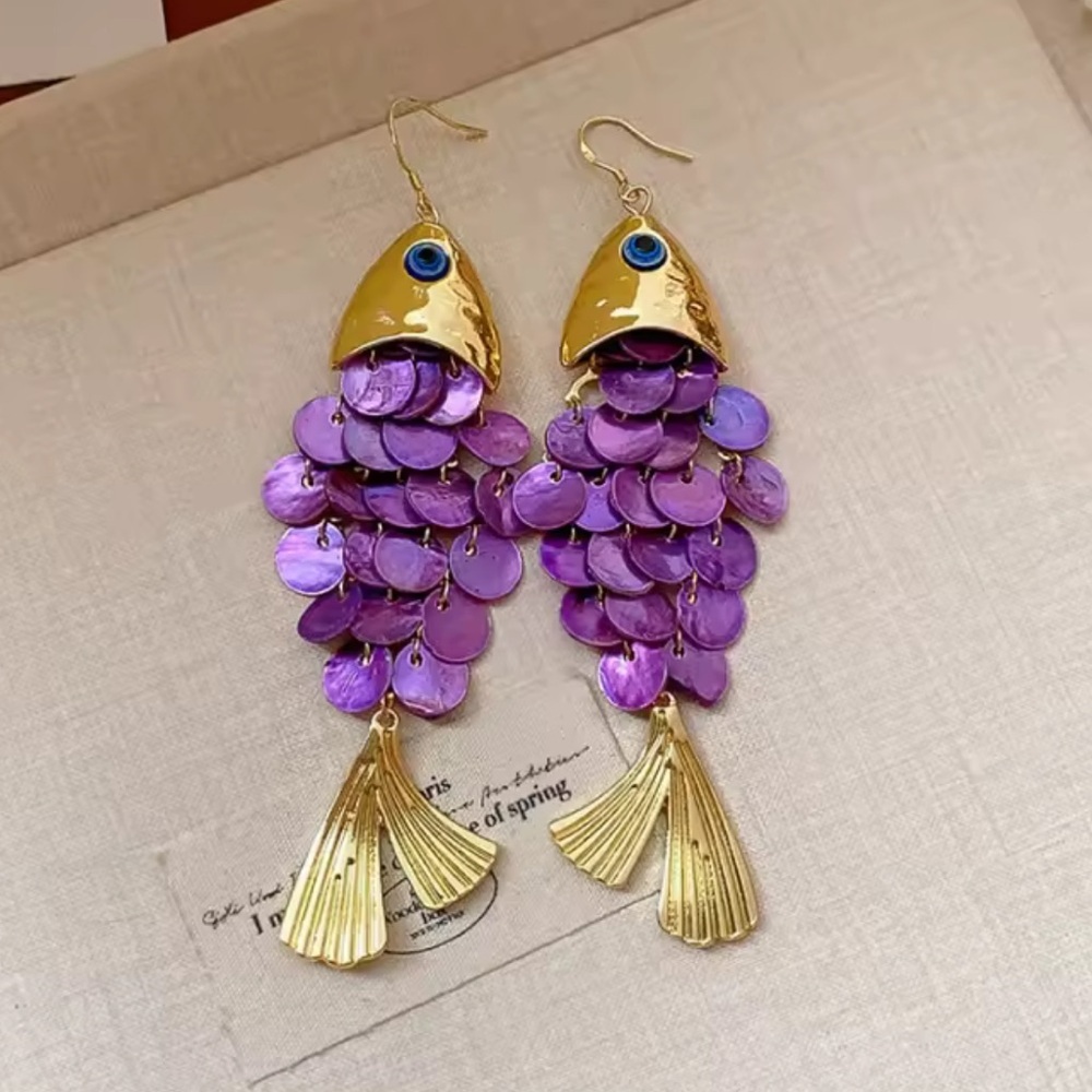 Anthropologie Gold and Purple Fish-Scale Dangle Earrings